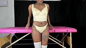 She models lace vintage lingerie in a retro setting with big ass and tits