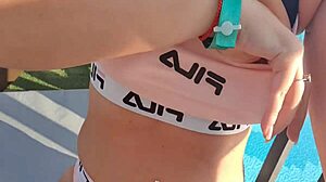 Blonde Plays with Wet Pussy in Public Pool