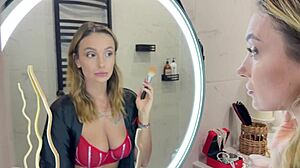 Bathroom fuck with wet pussy creampie and deepthroat action.