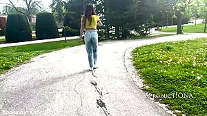 Valentina wets her jeans three times at the fortress park.