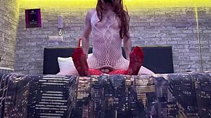 Stepsister passionately fucks her bitch friend in the hotel, licking her big natural tits.