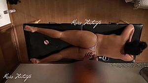 Watch the slutty wife tease the masseuse with her exposed tits and stuffed pussy!