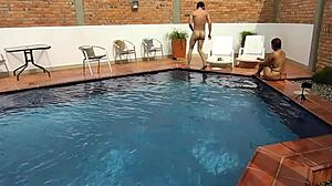 on vacation, mature brunette does deepthroat and rimjob with young step-nephew!