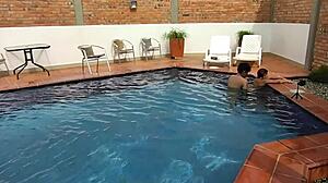 on vacation, mature brunette does deepthroat and rimjob with young step-nephew!