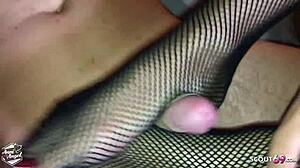 69 face-sitting blowjob with footjob finale in nylons by German Anni Angel