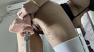 asian mei's big pussy drilled by homemade dildo machine to orgasm