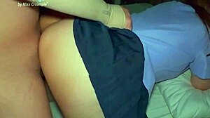 Oh man, this sweet student girl with shaved pussy gets creampied by old guy in doggystyle, it's so tight and juicy!