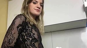 Blonde hottie spreads legs wide.