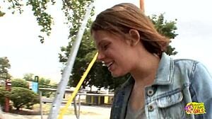 Two lesbians pick up hottie in short miniskirt for home licking and fingering with cunilingus on bed