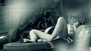 Mom outdoors under sun rubbing shaved pussy in fishnets before anal fingering and monster cock action