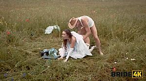Brunette bride runs from fiance to fuck stranger shepherd in outdoor wedding seduction. Czech beauty cheats in dress on country ranch.