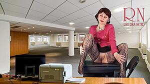 You know, this naked secretary teases her boss by showing pussy tits and masturbating cunt