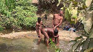 Curvy ebony flashes her fat body outdoors. Brown-skinned bbw gets ready for public stream adventure.