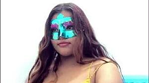 brunette student gropes her big tits in uniform before exams, touching boobs in sexy milf way