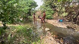 Curvy ebony flashes her fat body outdoors. Brown-skinned bbw gets ready for public stream adventure.