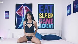 Desi devi, former TV-host, takes big black cock in BDSM session with exotic Asian facial cumshot.