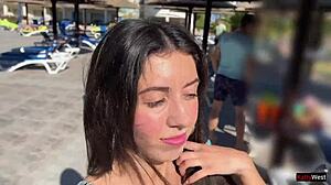 Beautiful lady agrees to public sex for cash and walks with cum on face