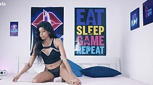 Desi devi, former TV-host, takes big black cock in BDSM session with exotic Asian facial cumshot.