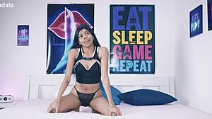 Desi devi, former TV-host, takes big black cock in BDSM session with exotic Asian facial cumshot.