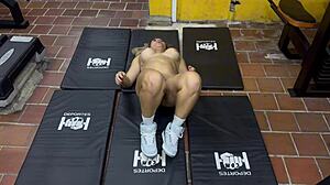 Blonde Colombian milf Karen Sleent guides you through a workout session at the gym with Hindi instructions.