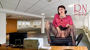 You know, this naked secretary teases her boss by showing pussy tits and masturbating cunt