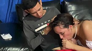 Black couple with big tits babe rides fat cock in cowgirl creampie. She gives blowjob after catching him masturbating close-up cumshot on big ass