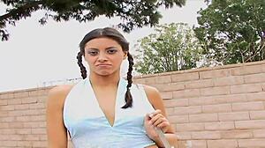 Slender pigtailed teen fucks stranger with shaved pussy riding cowgirl. She takes anal fingering and gaping in fishnets on bed.