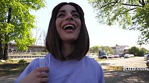 Ultra pretty italian girl picked on street for public outdoor sex interview and flashing