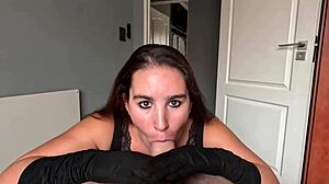 Amateur brunette babe in lingerie gives POV handjob and blowjob with satin gloves ending in cumshot