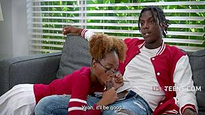 Tutor fucks black step sibling duo Lacey London in interracial threesome with moans and orgasms.