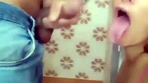 Guy fixes shower gets blowjob reward with cum on tits