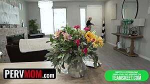 In a casual bedroom prank, the horny stepson surprises his blonde milf stepmom with his big cock. She reacts with shock and arousal in this taboo storyline.