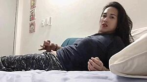 Whoa, I'm bustin' a hot cumshot as this sexy shemale anairb, uh, gets off solo-like.