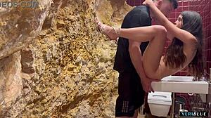 Hidden camera catches Spanish teen cheating on boyfriend with European guy in villa toilet during outdoor public encounter