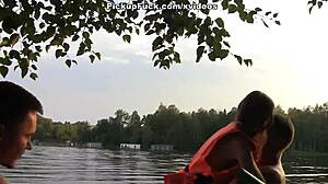 three men in a boat pick up a girl for outdoor creampie threesome on the water