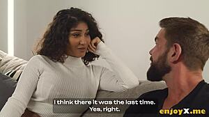 Horny latina with humongous breasts contrasts sweet looks with rough fucking and cumshot.