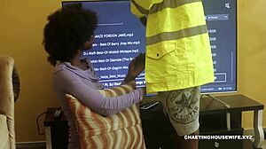 Intense passion surges as the sexy ebony housewife bends over for rough doggystyle riding with the handyman.