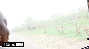 Ebony babe teases with fingering wet black pussy close-up. Then she gives bwc deepthroat blowjob in car quickie.