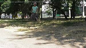 hairy mature in transparent dress flashing