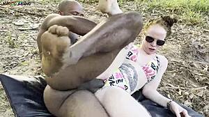 Outdoor Sunbathing Sex by River with Two Hot Babes Sucking and Creampie