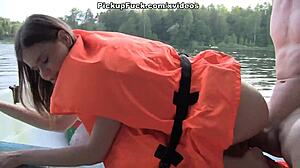 three men in a boat pick up a girl for outdoor creampie threesome on the water