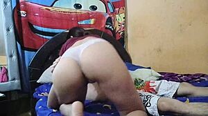 Brunette Latina stepsister with small tits bends over for doggystyle pov creampie from stepbrother in homemade taboo roleplay