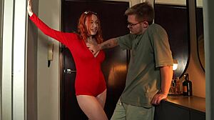 Pretty redhead mounts dick sucking deep with endless cumshot