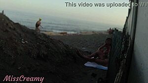 Whoa, flashing my cock to stepdaughter on public beach! She helps me cumshot right there in front of everyone - real risky sex!