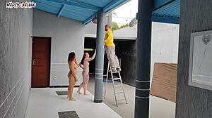Two naked Brazilian bosses welcome a visitor with ass licking and creampie in a hot garage threesome