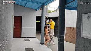 Two naked Brazilian bosses welcome a visitor with ass licking and creampie in a hot garage threesome