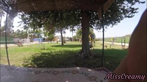 Real flash naked in public park groping stepfather's big cock while strangers watch cumshot