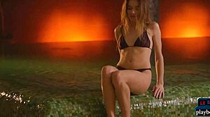 teen beauty sea rose strips off bikini to chill naked in warm hot tub by the pool