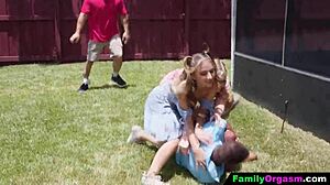 Daughters eagerly deepthroat and ride old stepdads in wild group orgy after soccer.