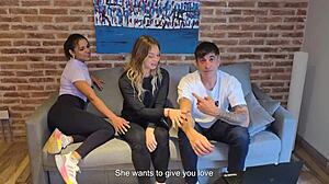 Brunette amateur couple invites blonde and latina friends for homemade group licking and spanking in close-up femdom play